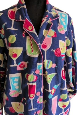Sz Med Nick and Nora Night Shirt Gown Blue Christmas Martini Flannel Pockets EUC - Image 1 of 4