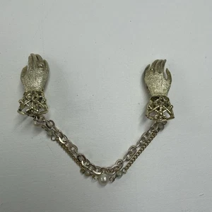 Vintage 50er Jahre Pullover Schutz Clip Hand goldfarbene Kette mit Perlen - Bild 1 von 5