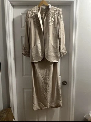 CHAQUETA OLEG CASSINI NEGRA CORBATA SEDA CUENTAS Y BOLSILLOS DE VESTIDO TALLA 10 beige tostado Foto 1 de 4