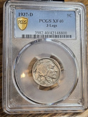 1937 D 3 Legged Buffalo Nickel PCGS XF40 Gold Shield  Key Variety Mint Error - Image 1 of 4