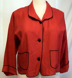Louis Simon LA Libellule Red Linen Lagenlook Jacket Top Black Serge Edge Trim-L - Picture 1 of 7