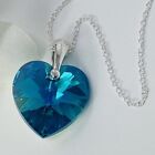 925 Silver 18mm Heart Necklace Blue Z Pendant Made With Austrian Crystals