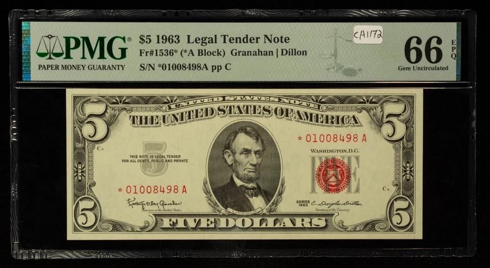 Fr 1536* $5 1963 Legal Tender Note US PMG 66 EPQ Star Note - SKU-CA1172 - Image 1 of 2