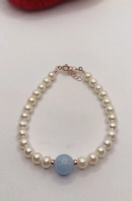 BRACCIALE PERLE ACQUA DOLCE AGATA BLU EMATITE ARGENTO RAMATO CM 17-19 EXPLOIT - Immagine 1 di 4