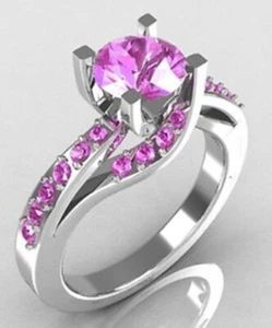 2.60Ct Pink Round  Diamond Lab Created Engagement 925 Sterling Silver Ring - Picture 1 of 5