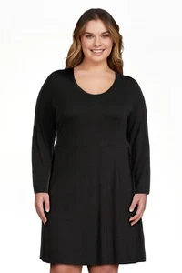 NWT Terra & Sky Womens Plus Sz 5X (32W-34W) Black Long Sleeve V-neck Swing Dress - Picture 1 of 9