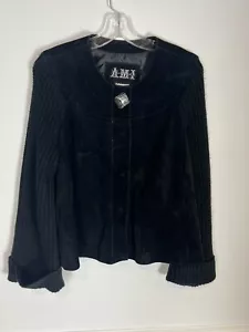 Suede Leather Knit Jacket Black Retro Y2K Western Cowgirl 90s Large Boho AMI - Picture 1 of 6