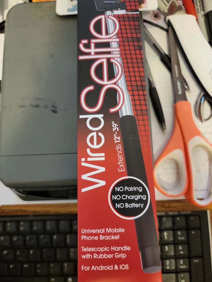 NEW Wired Remote Selfie Stick For iPhone or Android Black - Image 1 of 1