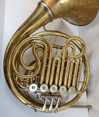CAMPANA DESMONTABLE DOBLE CUERNO FRANCÉS LATÓN PROFESIONAL 5 VÁLVULAS HECHA EN ALEMANIA? RARO Foto 1 de 4
