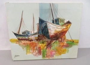 Jaro Slavko MID CENTURY Marine Ship EAMES ERA Fishing Boats Painting - Picture 1 of 5