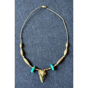 Shark Tooth Turquoise Heishi Bead Silvertone Necklace - Picture 1 of 6