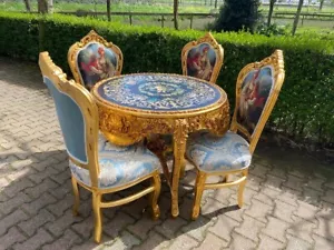 Table with Chairs: Italian Baroque Hand-Painted Dining Set – 4 Louis XVI Seats - Picture 1 of 24