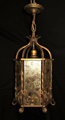 ANTIQUE WROUGHT IRON GOTHIC LAMP PENDANT w/ 6 MICA PANELS LIGHT FIXTURE 1920's Cover