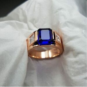 3Ct Emerald Cut Lab-Created Blue Sapphire & Men's Ring 14K Rose Gold Plated