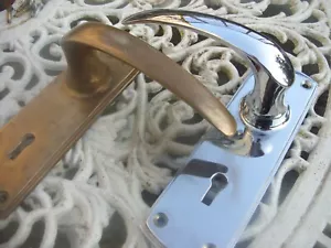 Vintage 1930s Bronze Door Handles Art Deco Brass Stepped Edge 1 Chromed - Picture 1 of 4