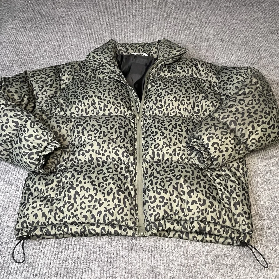 Pacsun Puffer Coat Jacket Womens Medium Green Leopard Print full Zip Insulated - Image 1 of 4