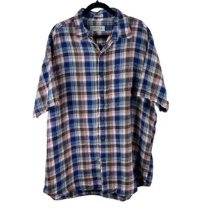 Orvis Shirt Linen Button Up Blue Brown Plaid Short Sleeve Top Mens Size XL - Picture 1 of 12