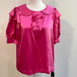 See by Chloe Silk Top Womens 6 Magenta Glossy Ruffled Jewel Neck Short Sleeve * - Picture 1 of 11