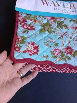 "Mesa reversible Waverly buffet algodón cabaña floral rojo verde 72"x14""" Foto 1 de 4