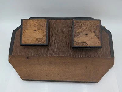 Accesorio de escritorio vintage tallado a mano con soporte de tinta doble ciervo antiguo Foto 1 de 4