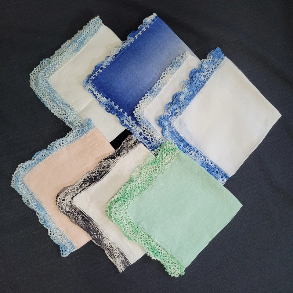 Lote De Colección De 7 Pañuelos De Encaje De Ganchillo Azul, Negro, Verde Lino Y Algodón Foto 1 de 1