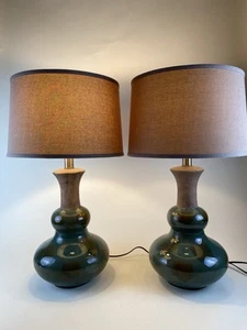 Pair Shaded Ceramic Table Lamps Contemporary Blue Green Double Gourd Shape - Picture 1 of 11