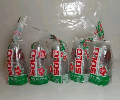 5 Pks Of 20 Solo Ultra Clear 9 Oz. Christmas Cups Poinsettia Seasons Greetings - Image 1 of 4