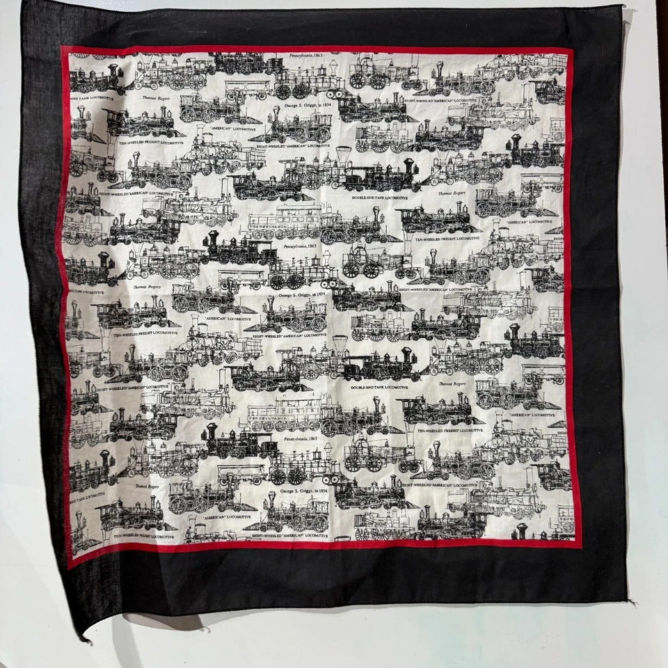 FREE SHIP Vintage 19thc Victorian TRAINS Locomotives 50/50 BANDANA RN 20767 - Image 1 of 4