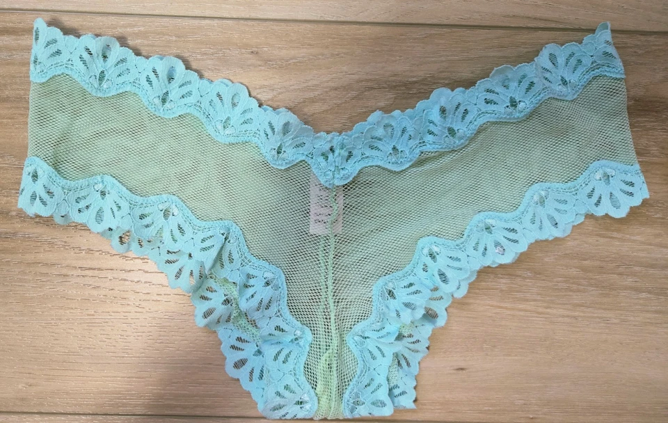 Bragas descaradas brasileñas vintage Victoria's Secret verde malla transparente encaje aguamarina L Foto 1 de 3