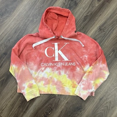 Calvin Klein Jeans Naranja Amarillo Tie Dye Recortado Logo Sudadera con Capucha XL Foto 1 de 3