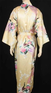 Elegant Peacock Design Silk Satin Kimono Robe Sleepwear Long w/ Waist Tie, Ivory - Picture 1 of 4