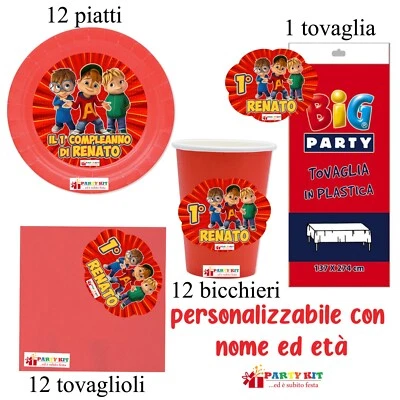 Kit 37 Pz ALVIN Festa Piatti Bicchieri Tovaglia COORDINATO Personalizzato - Immagine 1 di 2