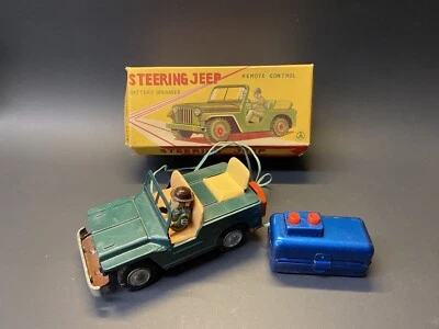 Vintage NOS 1960s Sanshin Japan Green Pressed Tin Battery Operated Jeep with Box - Image 1 of 4