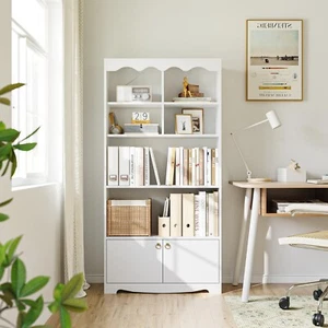 Bookshelf with Doors Cabinet Open Display Rack Storage Shelf MDF Bookcase White - Picture 1 of 27