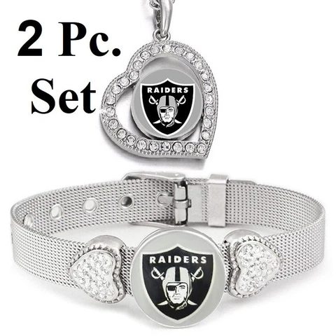 2 Pc Set Las Vegas Raiders Womens Sterling Silver Necklace With Bracelet Cover
