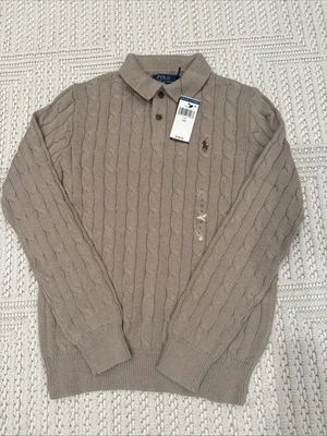 Suéter polo masculino Ralph Lauren malha cabo algodão bege natural pequeno novo com etiquetas - Imagem 1 de 4