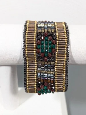 Brazalete ancho Nakamol rojo verde cuentas cuero marrón puño a presión 6,5" Foto 1 de 4