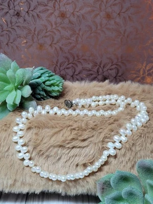 17" Vtg Genuine Pearl Necklace With Antique Clasp Wire Strung Unique Design Lace - Image 1 of 4