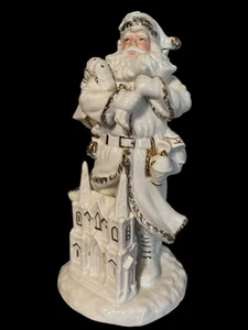 Babbo Natale vintage alto 13" in porcellana bianca con cappella e accenti color oro - Foto 1 di 12