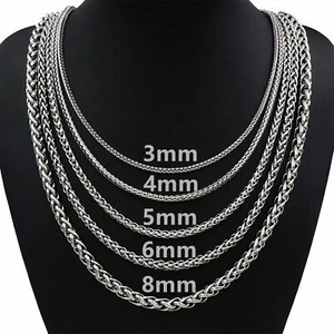 3/4/5/6/8MM Mens Silver Stainless Steel Necklace Wheat Braided Chain 8-30" Gift - Picture 1 of 13