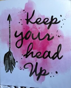 Keep Your Head Up Wooden Wall Decor 12 x 9.5 Pink White Encouragement Art Arrows - Picture 1 of 2