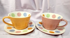 Starbucks Polka Dot Cups w/Saucers, Set of 2, 12 oz., 1 Pink & 1 Orange, 2006 - Picture 1 of 6