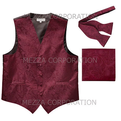 New Men's paisley burgundy vest Tuxedo Waistcoat self tie bow tie & hankie  - Image 1 of 4