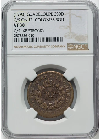 1767 French Colonies 9 Deniers Graded NGC VF30 w/ XF Counterstamp! Choice Brown! Cover