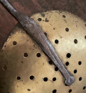 Antique 18th-19th C Hand Forged IRON BRASS BOWL STRAINER LADLE SIEVE #2 VGC - Picture 1 of 24