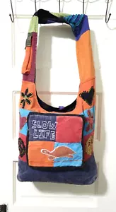 Nepal BOHO SLOW LIFE Orange Red COTTON Hobo Crossbody Shoulder Bag Purse Turtle - Picture 1 of 12