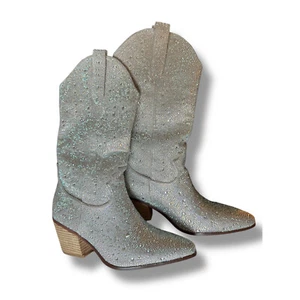 Rhinestone Cowboy Boots Sparkly Western Cuban heel Mid Calf Boots Sz 7 - Picture 1 of 12