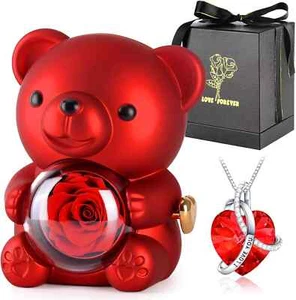 Cute Teddy Bear with Preserved Rose,Eternal Flowers Rotating Rose Box with Neckl - Picture 1 of 7