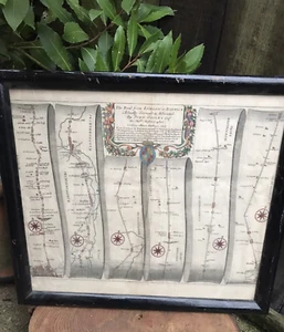 Antique John Ogilby LONDON TO BARWICK ROAD MAP framed 18th century tinted print - Picture 1 of 10