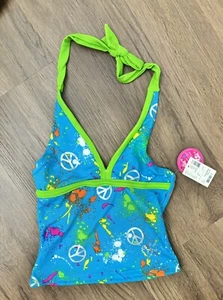 JUSTICE SWIM Halter TOP, GIRLS SIZE 6 Turquoise Peace Paint Splatter New - Picture 1 of 3